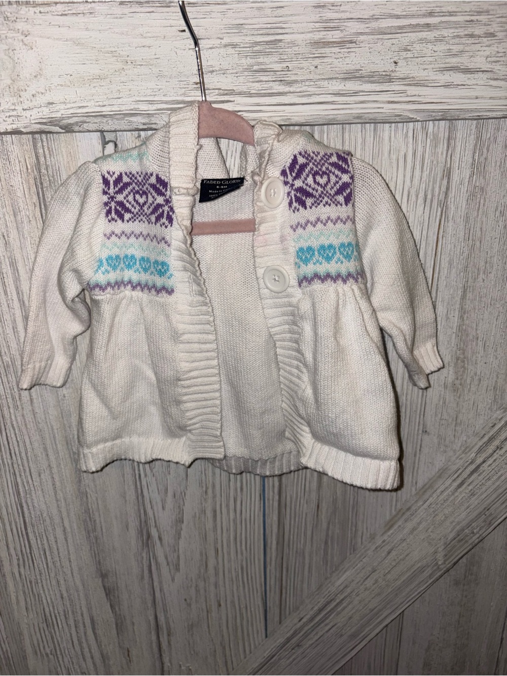 Faded Glory Cream Baby Cardigan with Purple & Aqua Fair Isle
